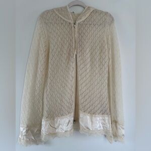 Escada Sport Mohair Lace Zip Hoodie Jacket Silk Trim Ivory Size L